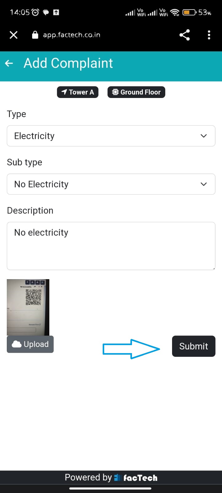 Select Complaint Category and sub category while raising the complaint through QR Code