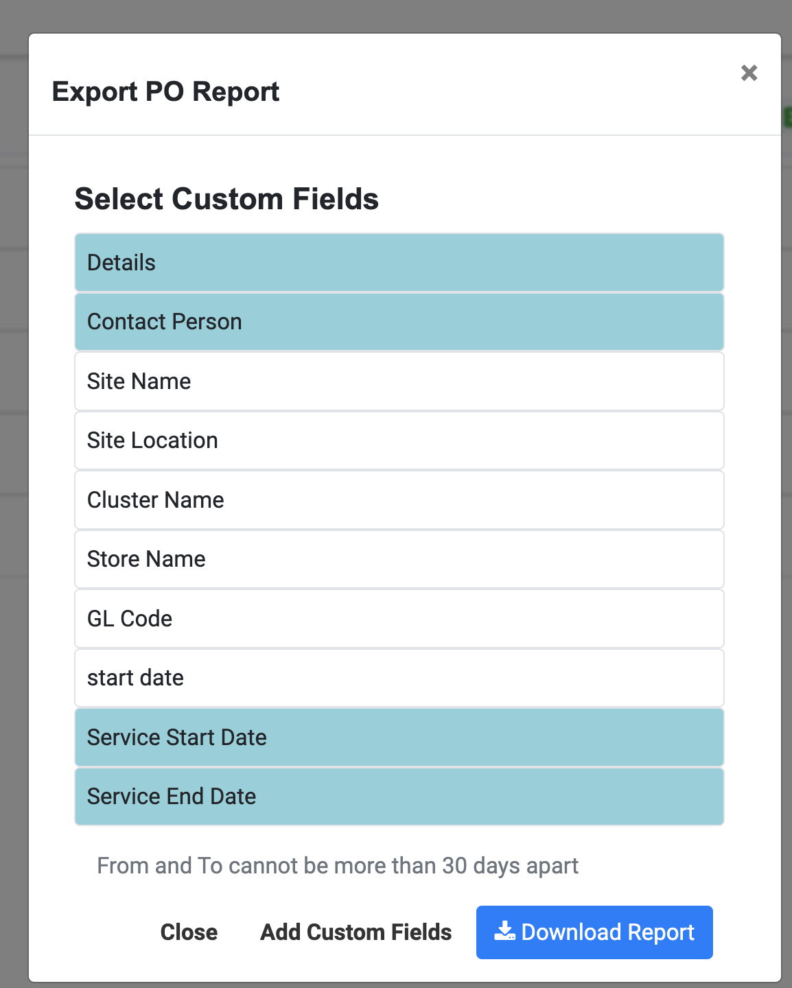 export custom fields in PO