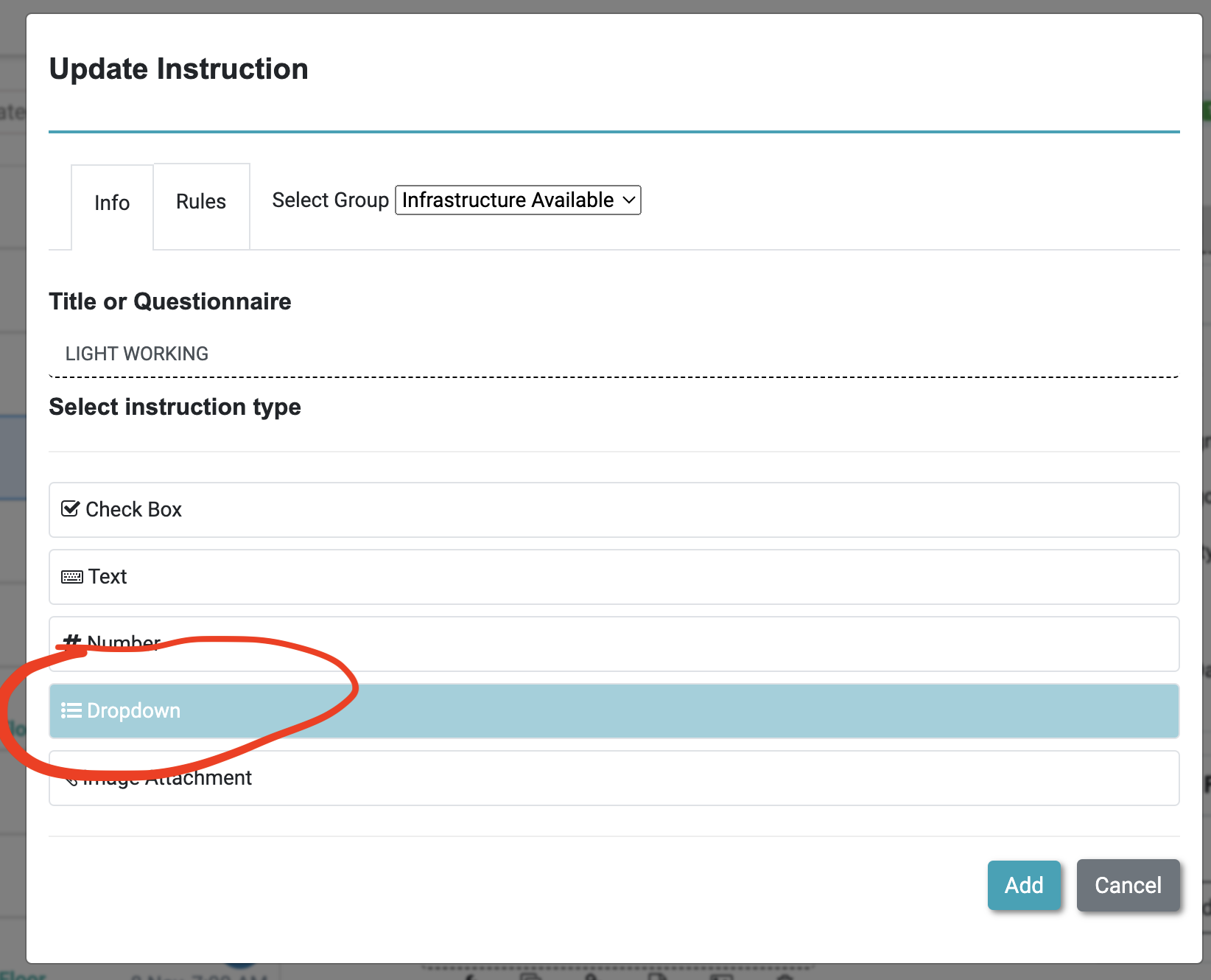 drop down option in checklist instructions 