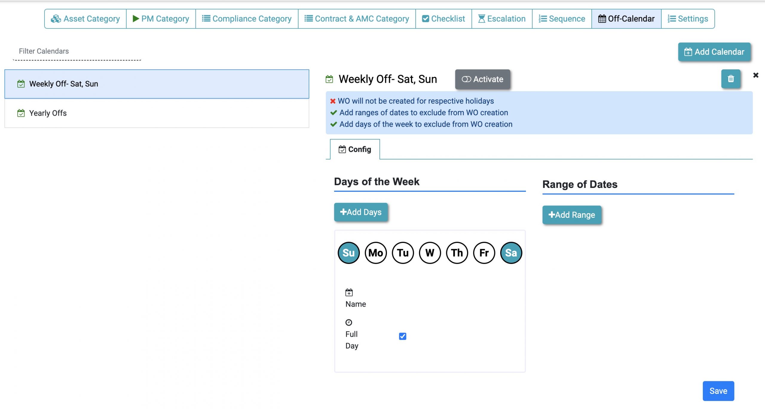 How to set holiday calendar in CMMS